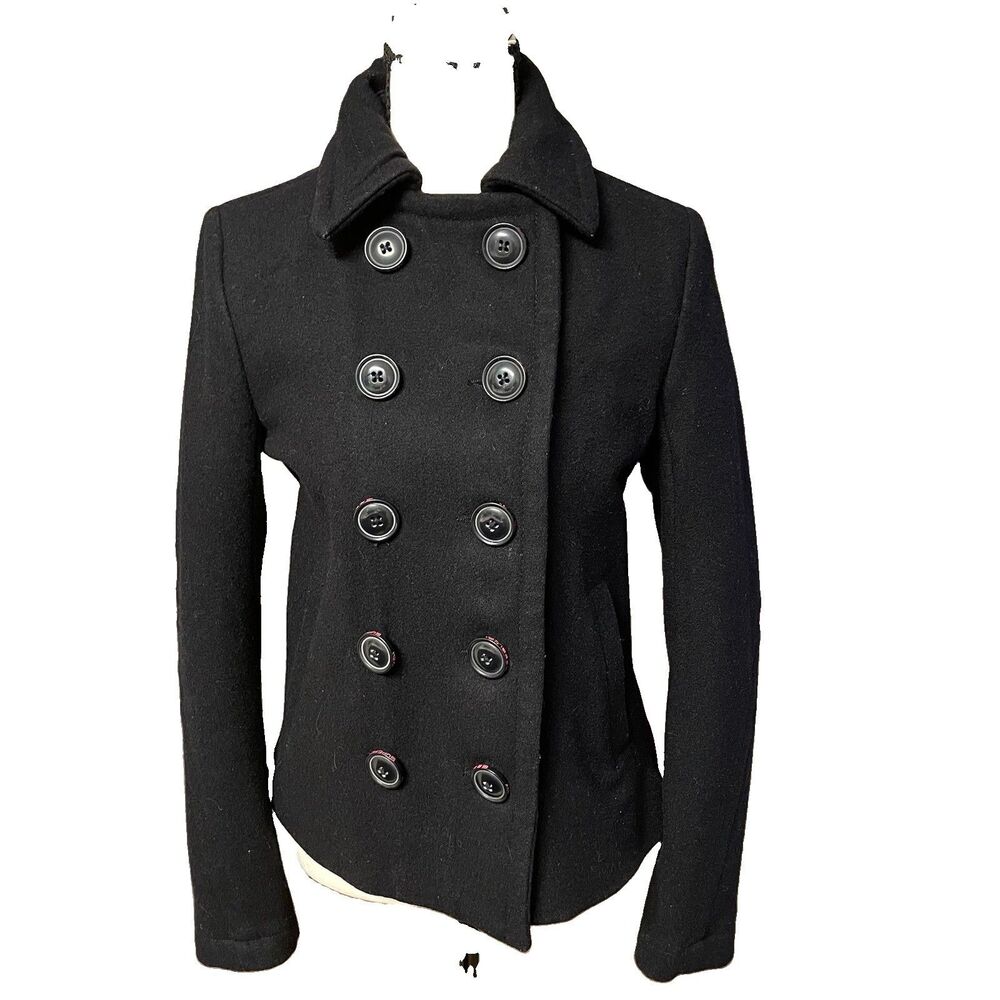 Superdry The Rookie Peacoat Jacket Black Wool Blend Double Breasted Women S